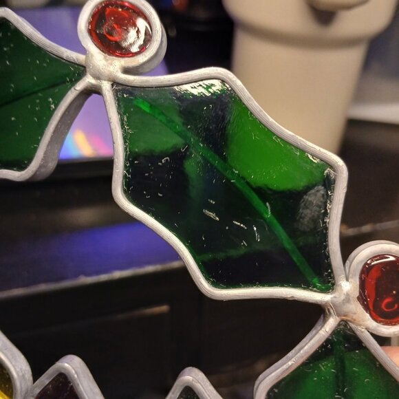 Holly Berries Candle Wreath Suncather Stained Glass Ornament 7 1/2" - Picture 7 of 7